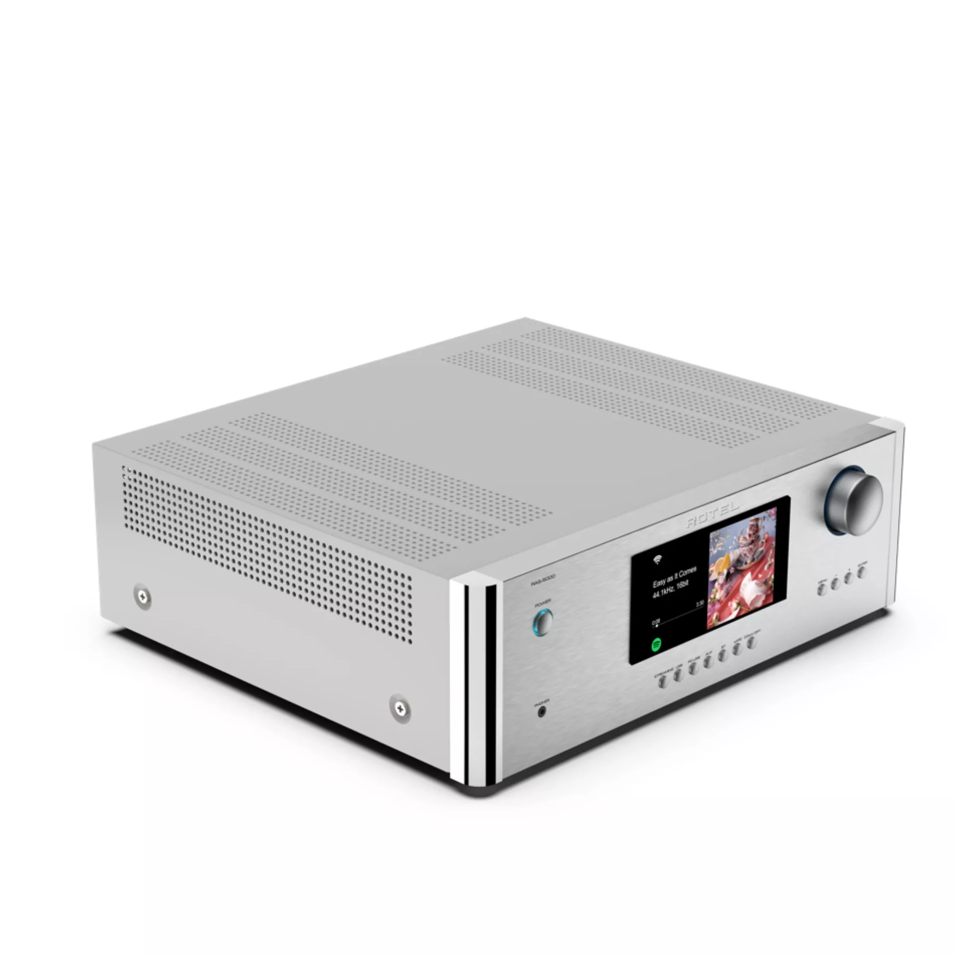 Rotel RAS-5000 Streaming Vollverstärker in Silber Vorderseite gedreht