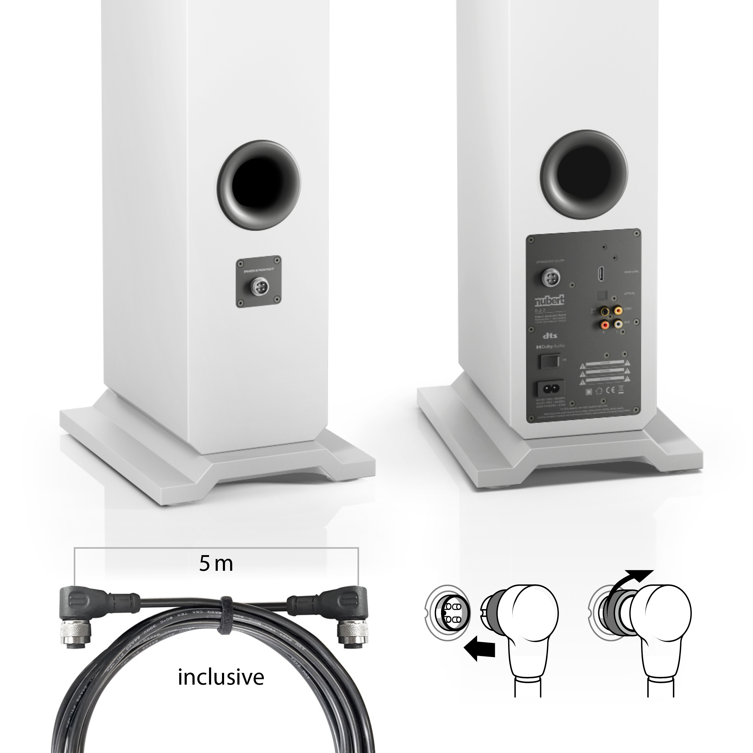 Rückansicht von zwei nuJubilee 50 Standlautsprechern mit Anschlüssen und Bassreflexöffnungen