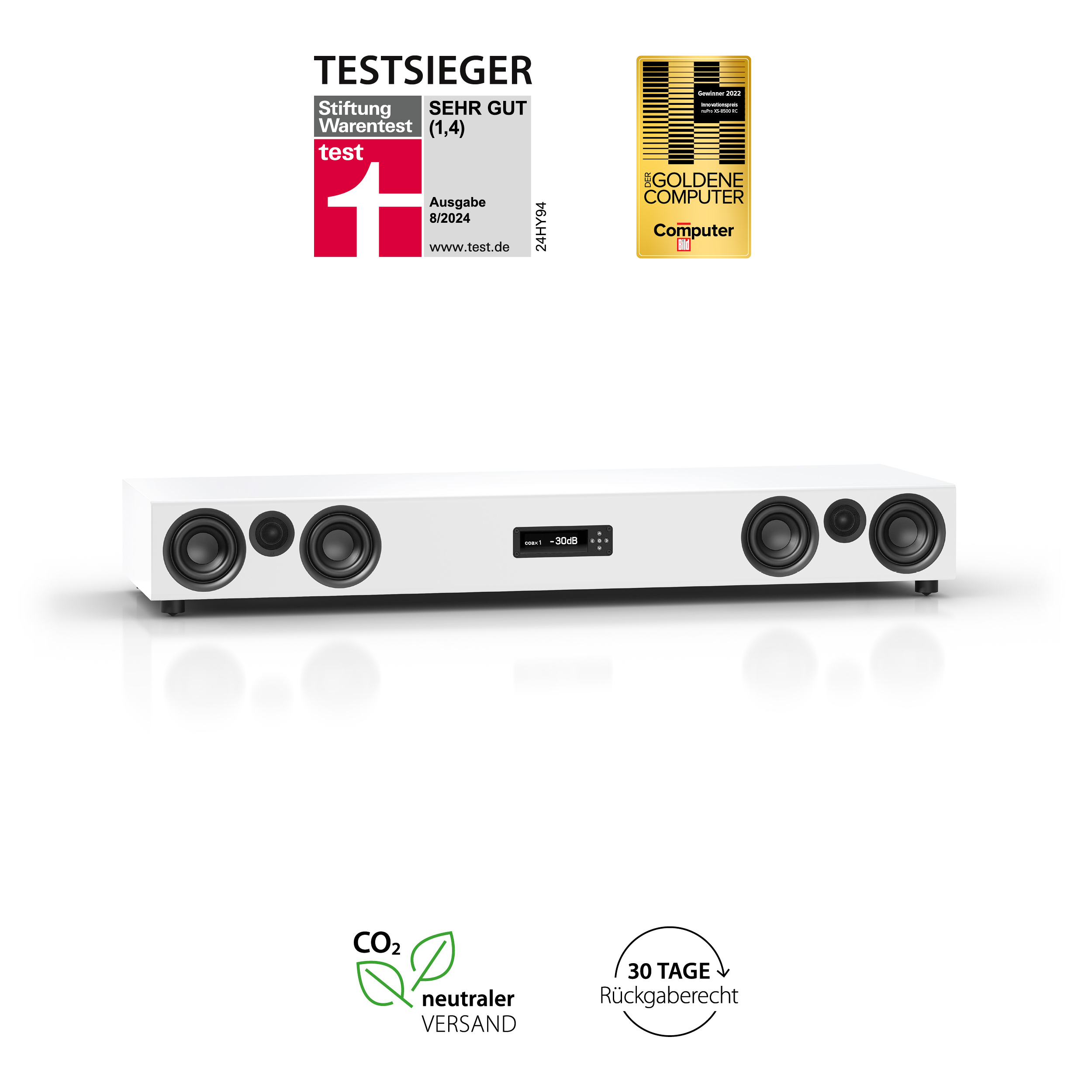 nuPro XS-8500 RC weiß Frontansicht mit Testsieger Icon nuPro XS-8500 RC weiß Frontansicht mit Testsieger Icon