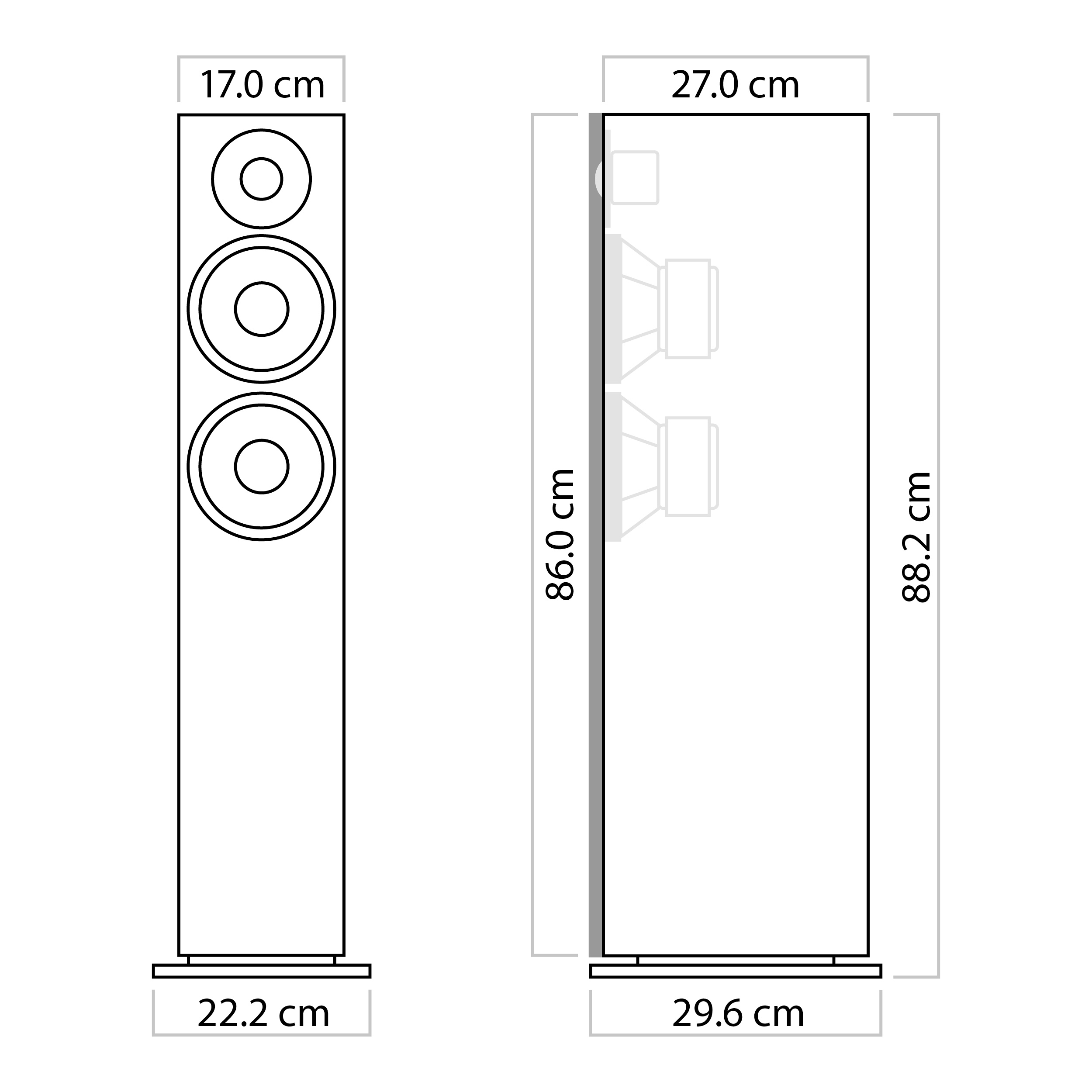 nuBoxx B 60 Dimensions Technical drawing of the nuBoxx 60 with dimensions (22.0 × 86.0 × 29.6 cm)
