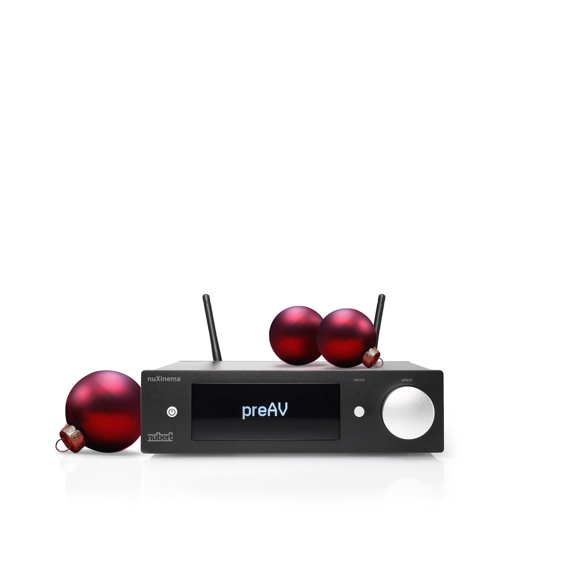 nuXinema preAV schwarz mit Weihnachtskugeln