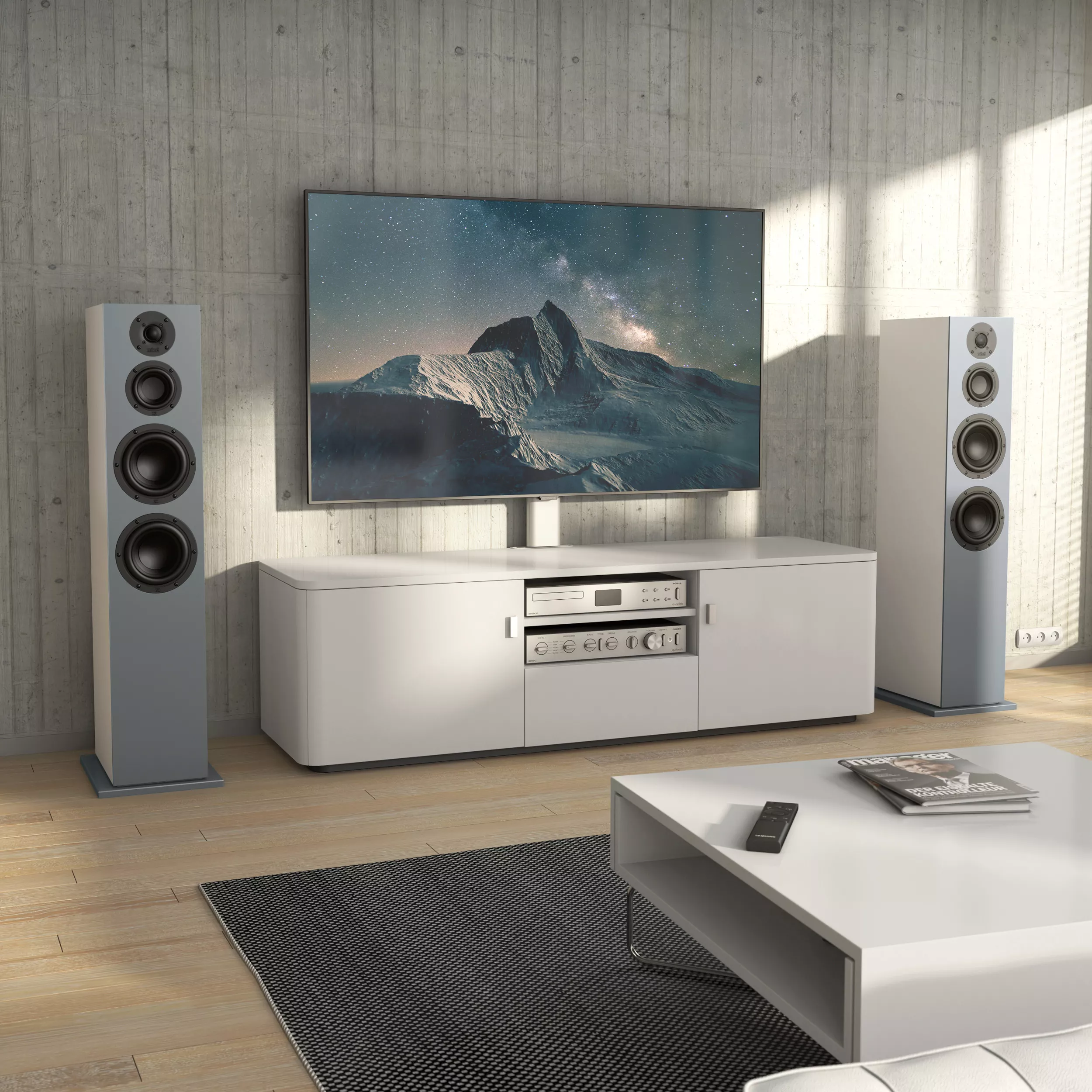 Two nuBoxx B 70 floorstanding loudspeakers in ice grey, TV and hi-fi system. nuBoxx B 70 Ambiente