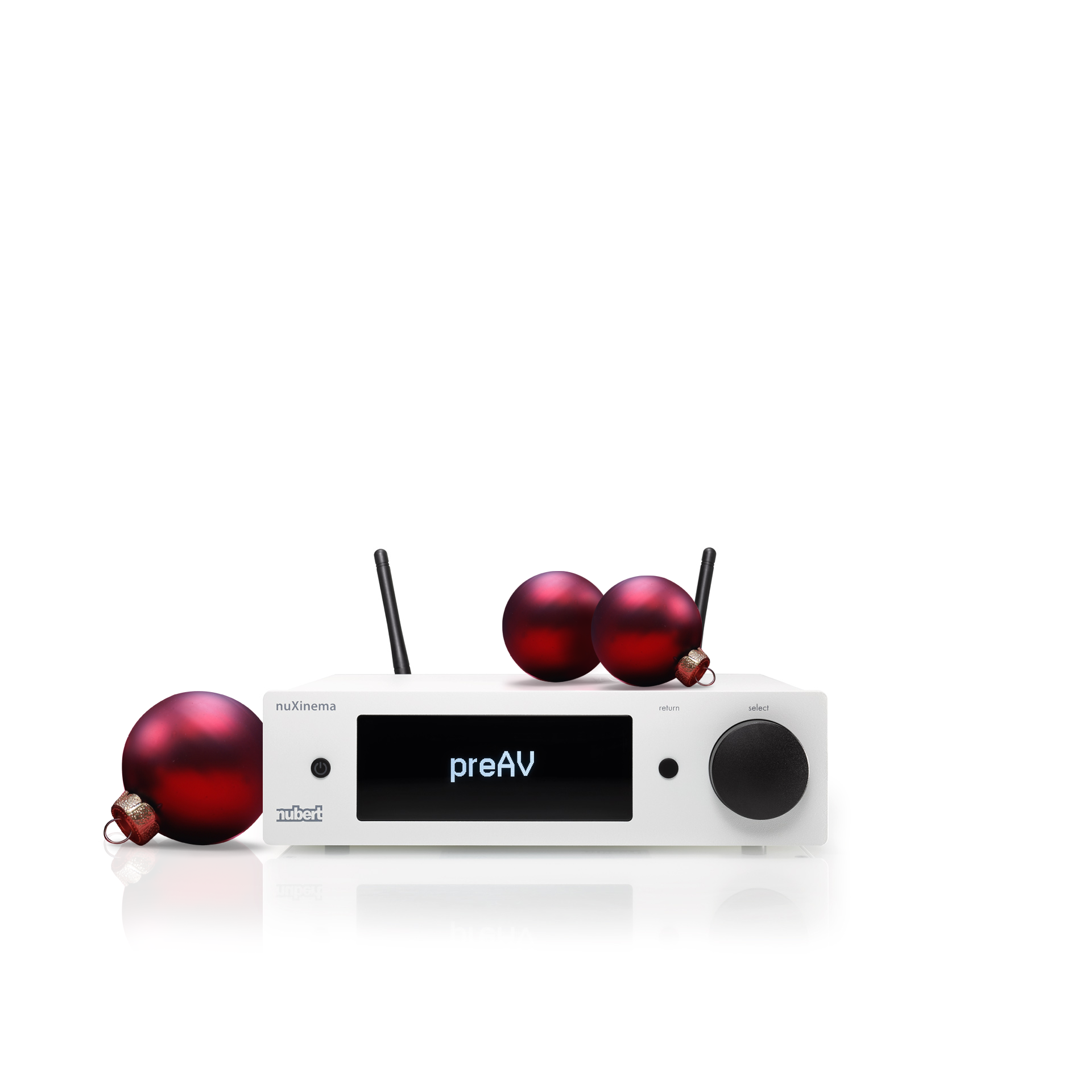 nuXinema preAV white with Christmas baubles
