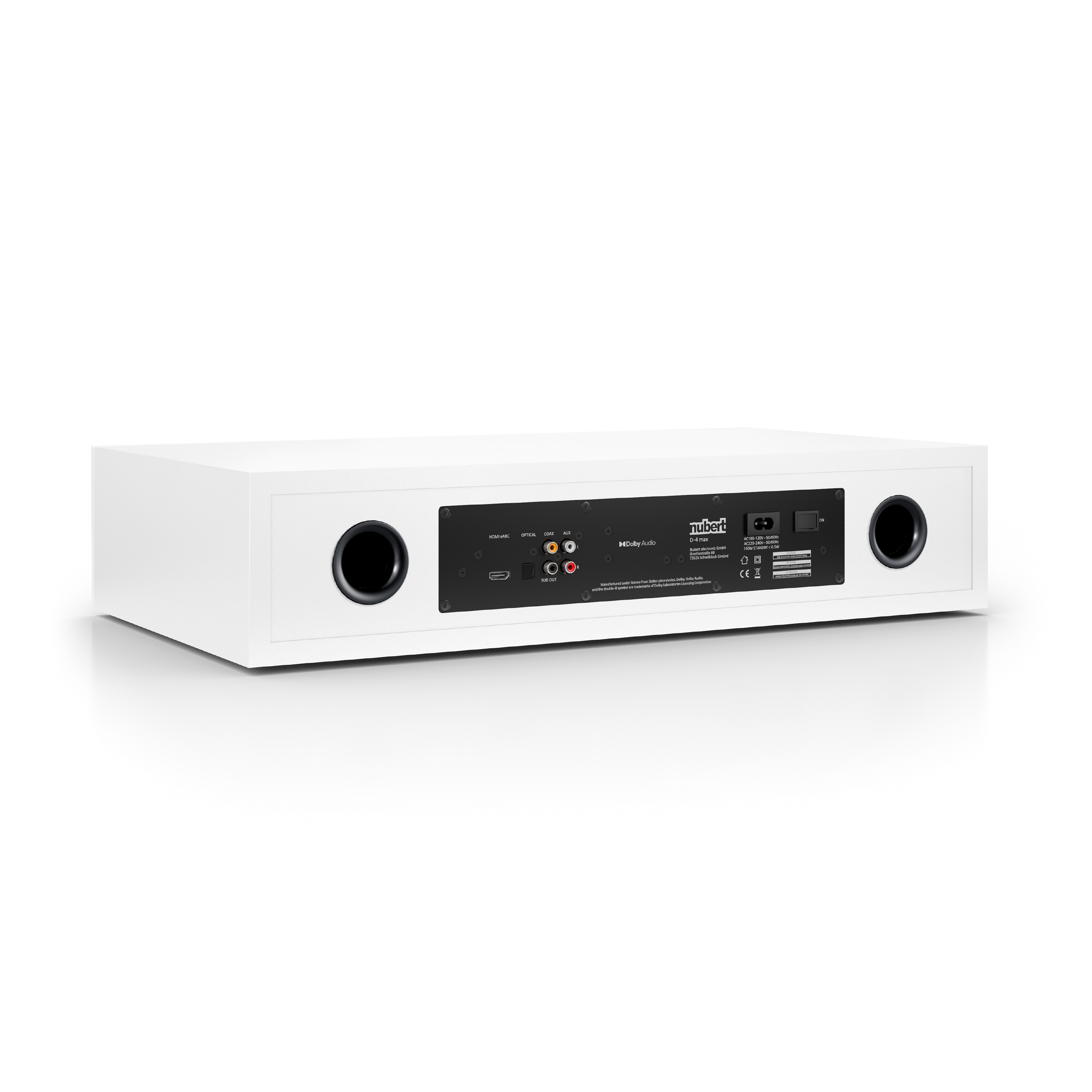 nuBoxx AS 225 max  Rear view of nuBoxx AS 225 max Soundbar with connections and bass reflex ports.
