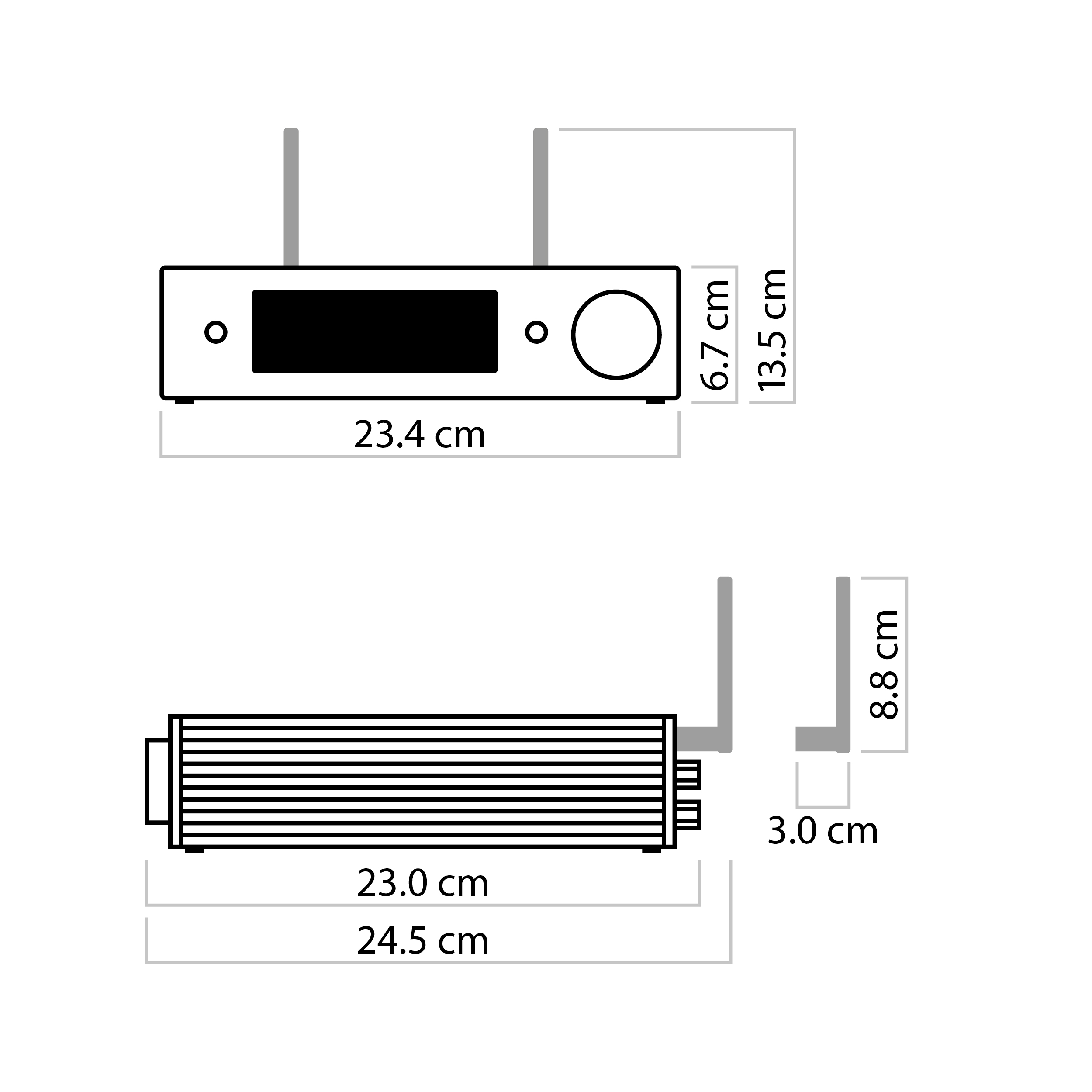 nuConnect ampX Dimensions Technical drawing of the nuConnect ampX with dimensions (23.4 × 24,5 × 6,7 cm)