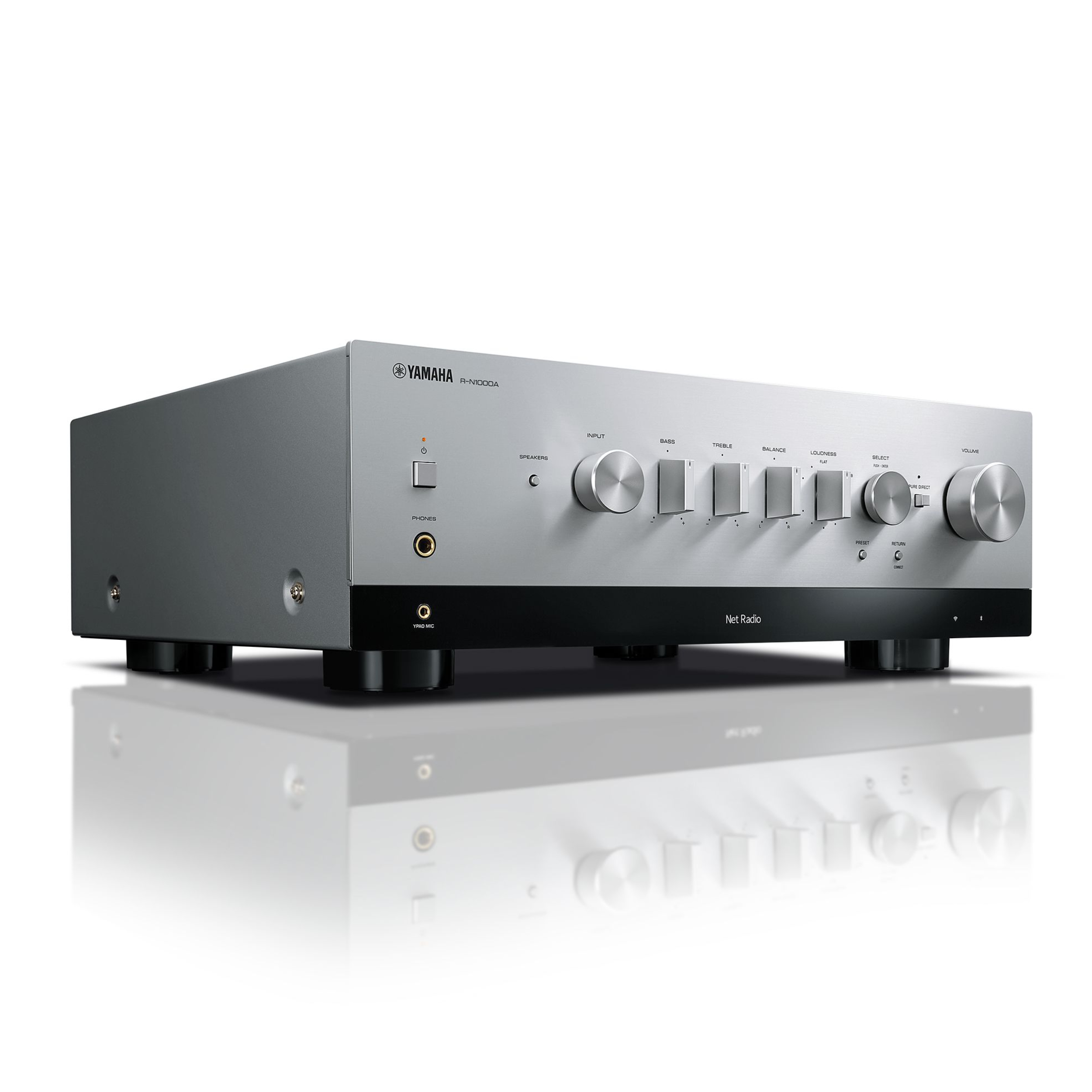 Yamaha Stereoreceiver R-N1000A silber Vorderseite gedreht Yamaha Stereoreceiver R-N1000A silber Vorderseite gedreht