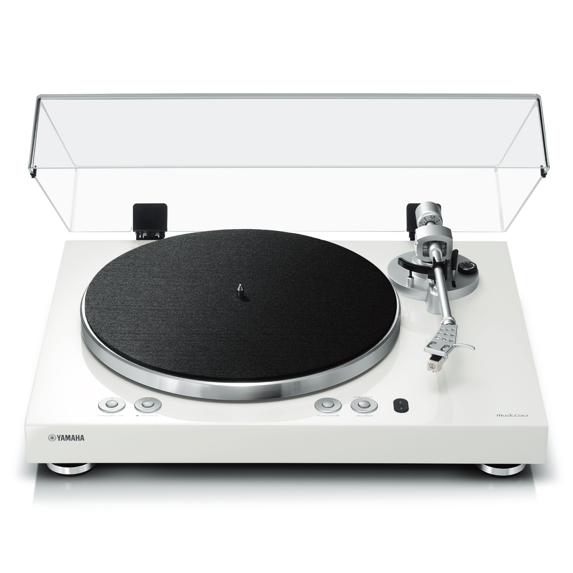 Yamaha Schallplattenspieler TT-N503 weiß Vorderseite geöffnet Yamaha Schallplattenspieler TT-N503 weiß Vorderseite geöffnet