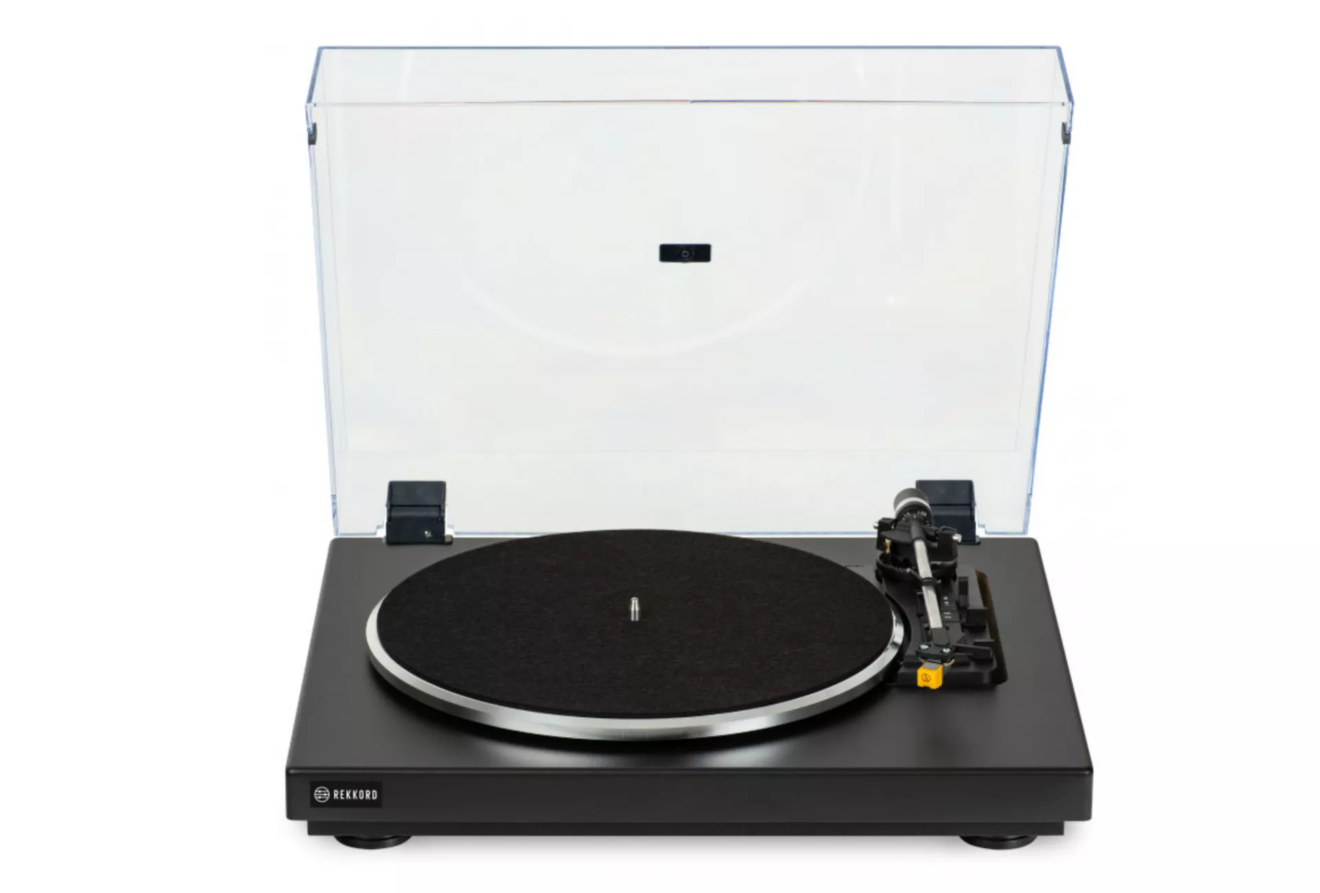 Rekkord Audio Plattenspieler F300 in Schwarz Vorderseite geöffnet 