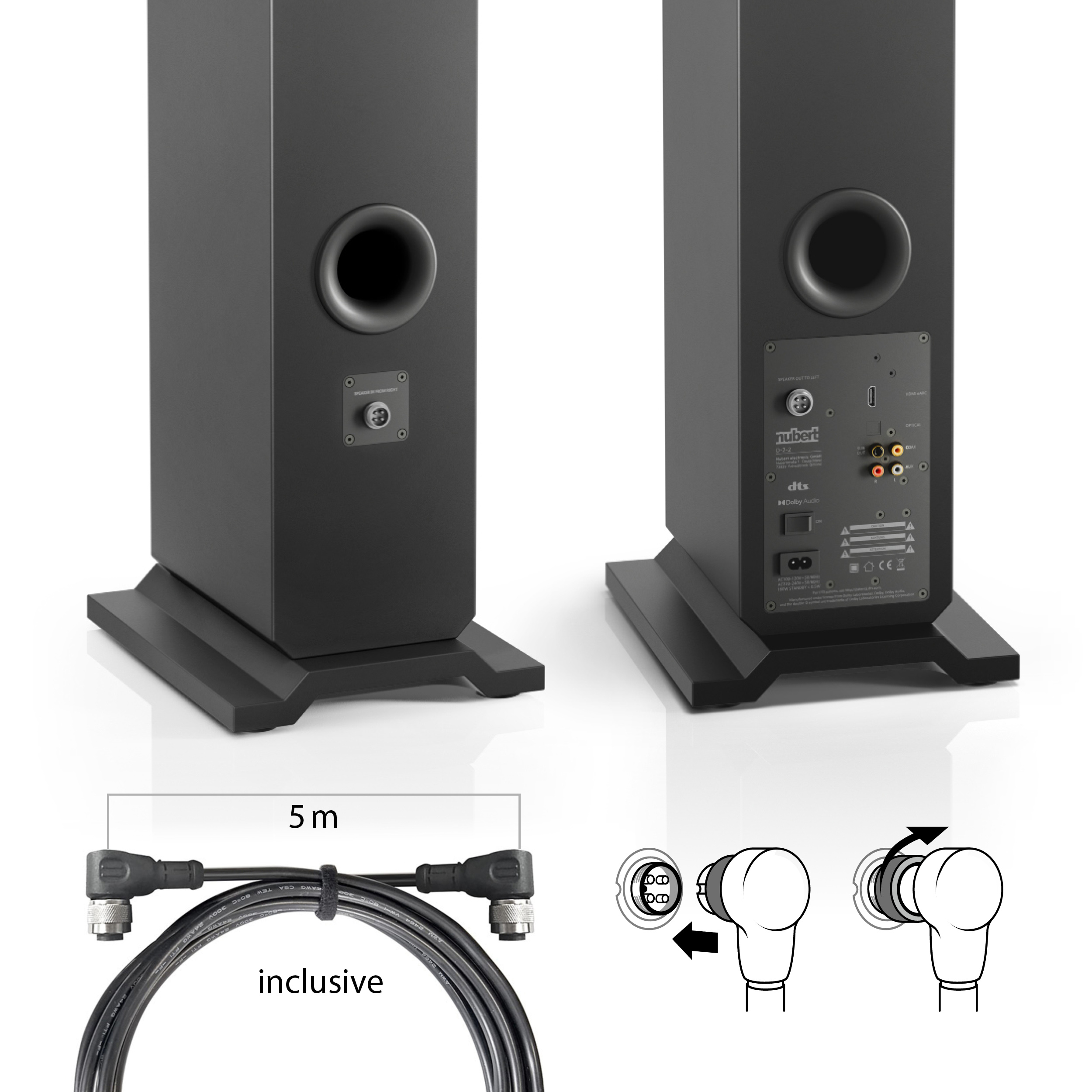 Rückansicht von zwei nuJubilee 50 Standlautsprechern mit Anschlüssen und Bassreflexöffnungen