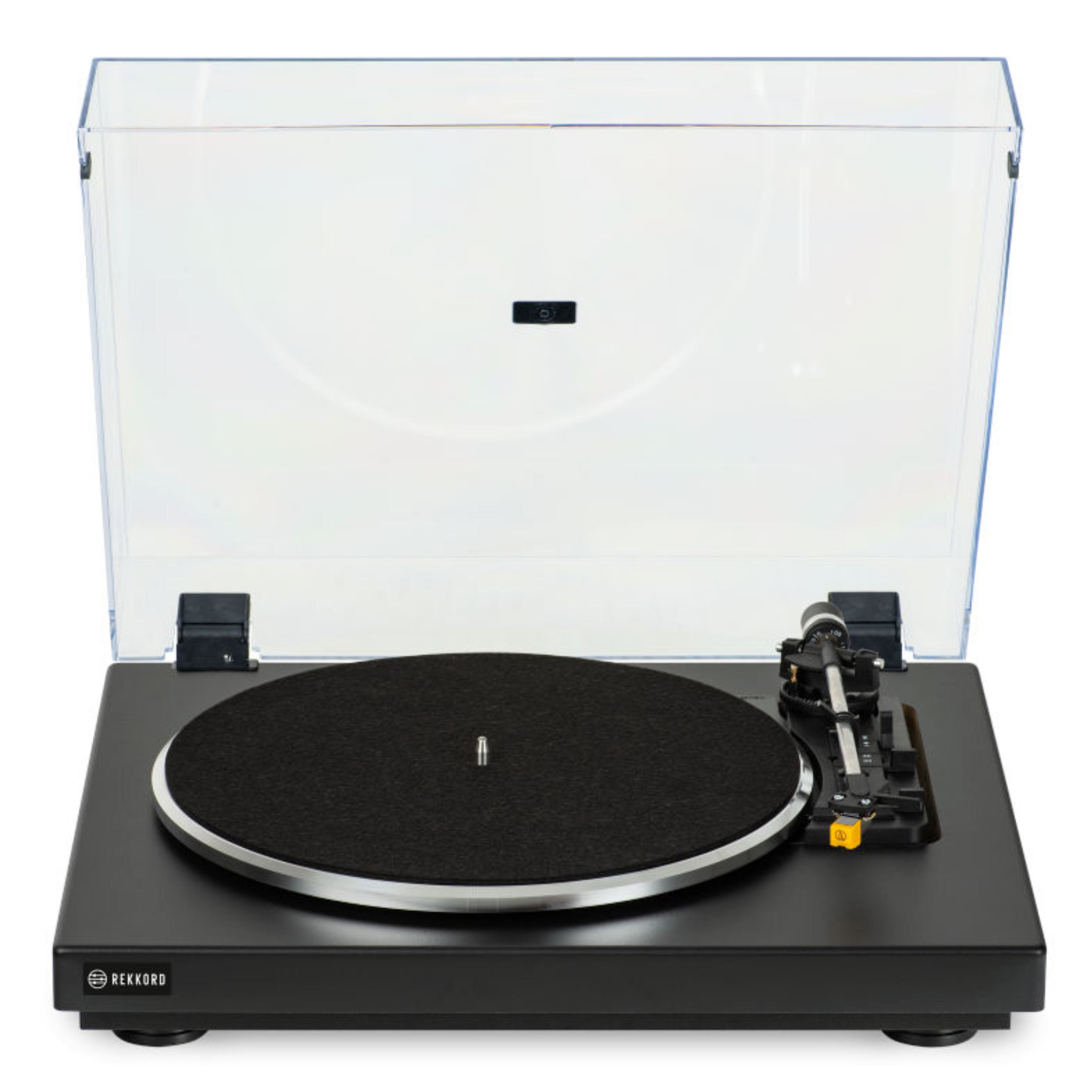 Rekkord Audio Plattenspieler F300 in Schwarz Vorderseite geöffnet  Rekkord Audio Plattenspieler F300 in Schwarz Vorderseite geöffnet
