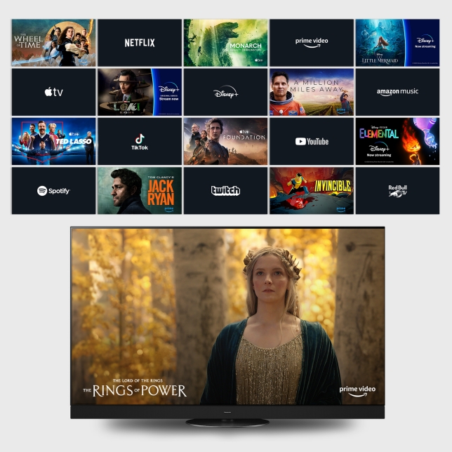 Smart-TV mit zahlreichen Streaming-Apps und einer Szene aus „The Rings of Power“ auf dem Bildschirm. Smart-TV mit zahlreichen Streaming-Apps und einer Szene aus „The Rings of Power“ auf dem Bildschirm.